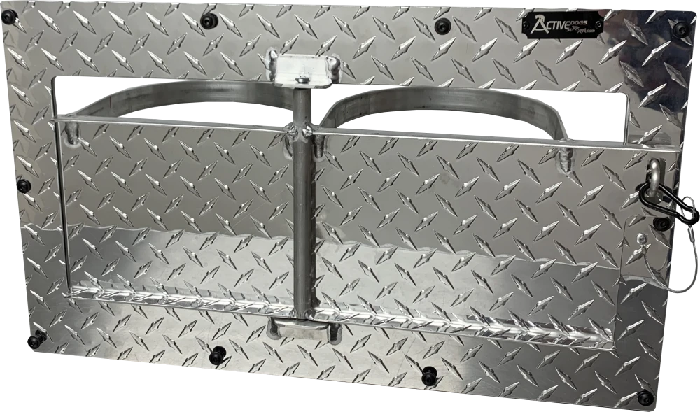 Side view of Swinging Double Diner aluminum kennel feeder showing swing-out feeding arm