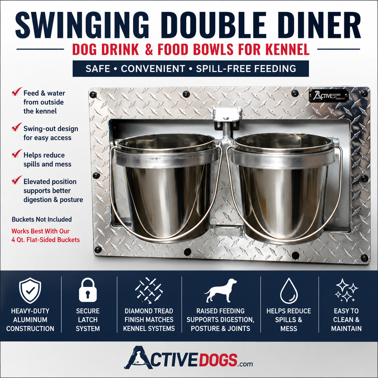 Aluminum swinging double dog kennel feeder with dual stainless steel food and water buckets