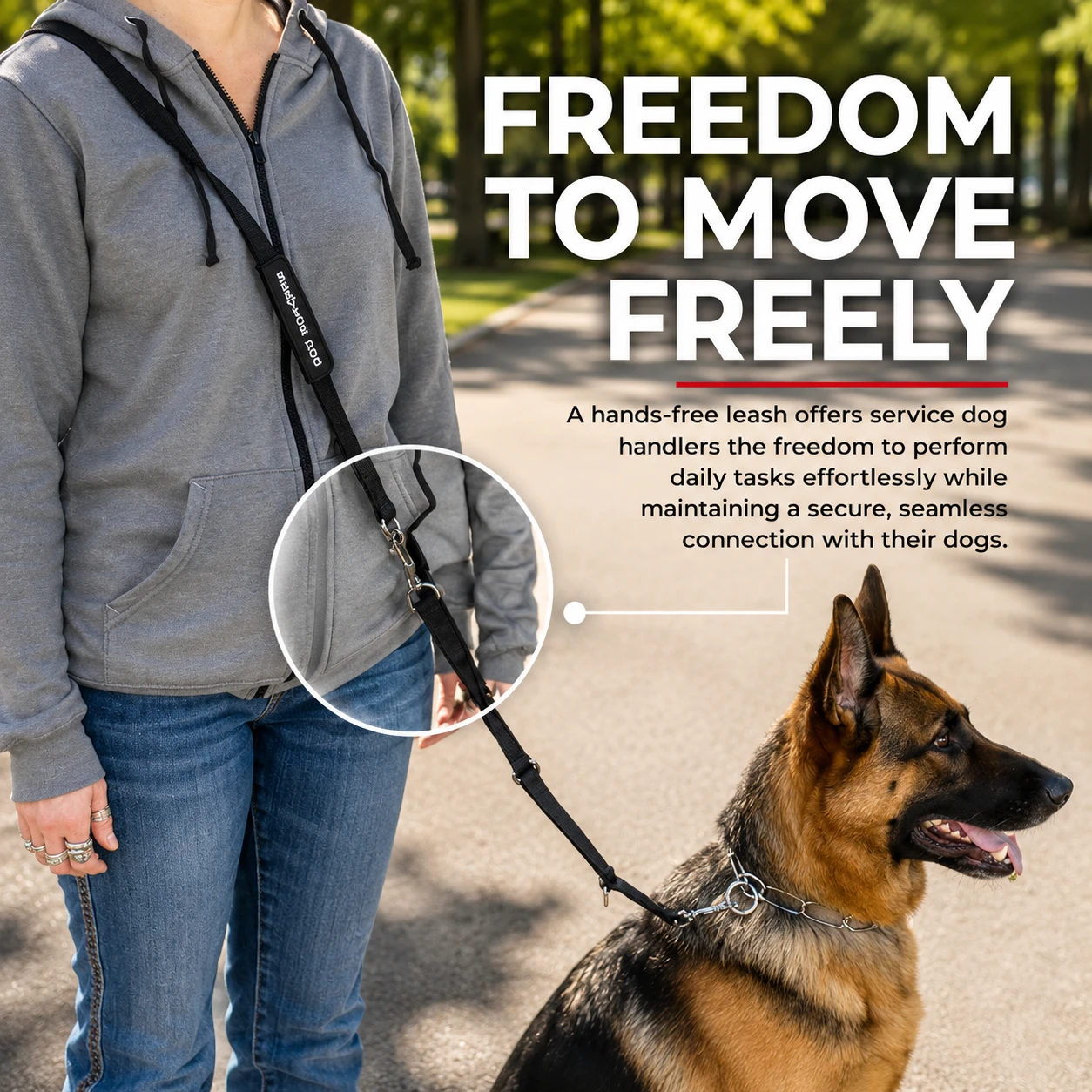 Crossbody service dog leash with multiple adjustment rings