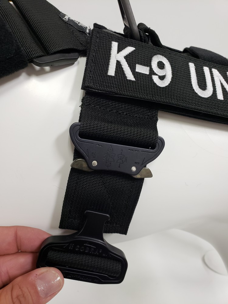 CaliberDog K9 tactical harness, velcro patches, y harness, military harness