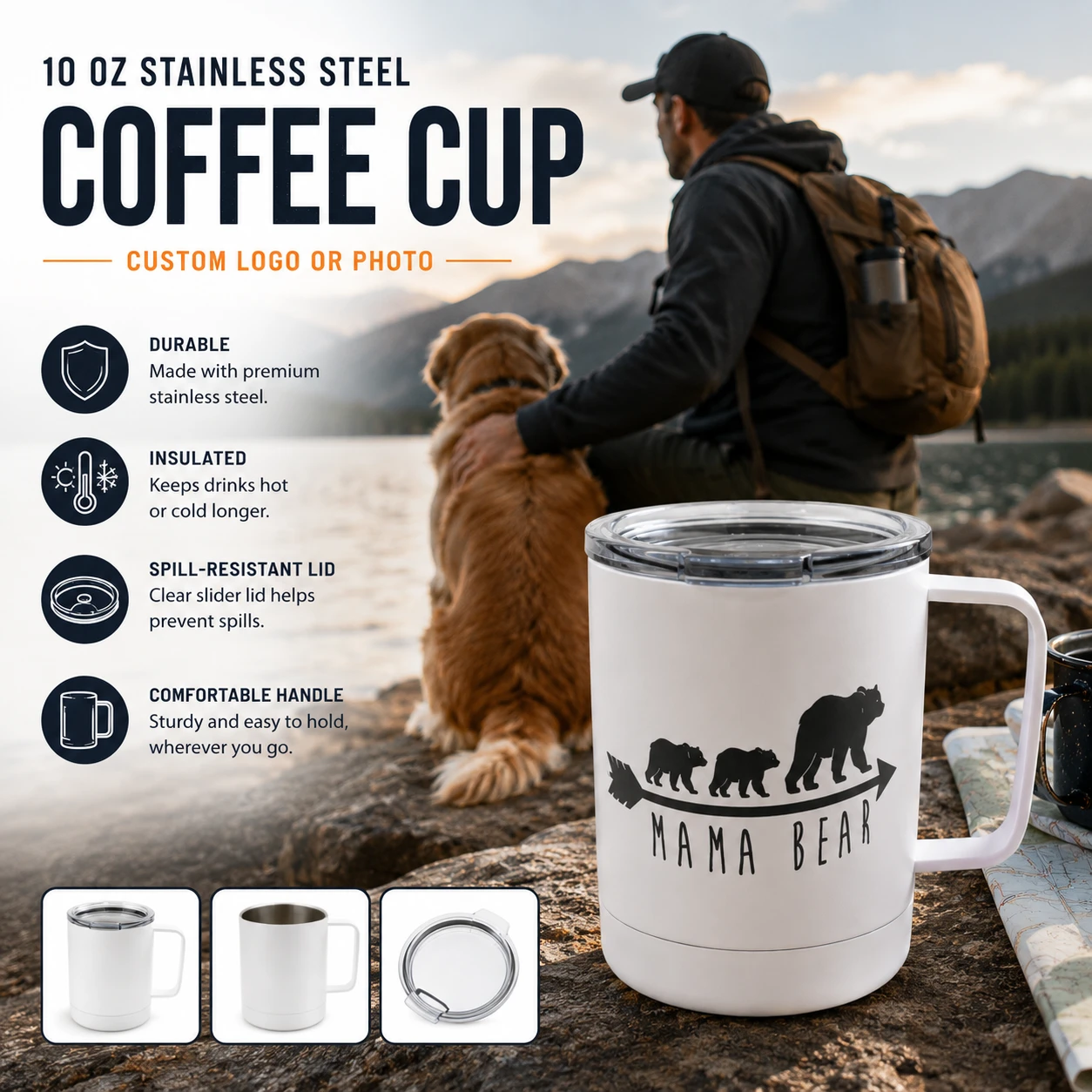 Double-wall stainless steel coffee cup with custom photo