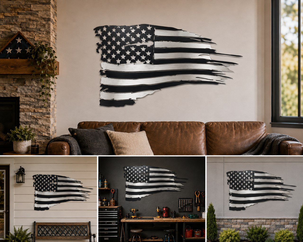 Tattered American flag metal wall decor