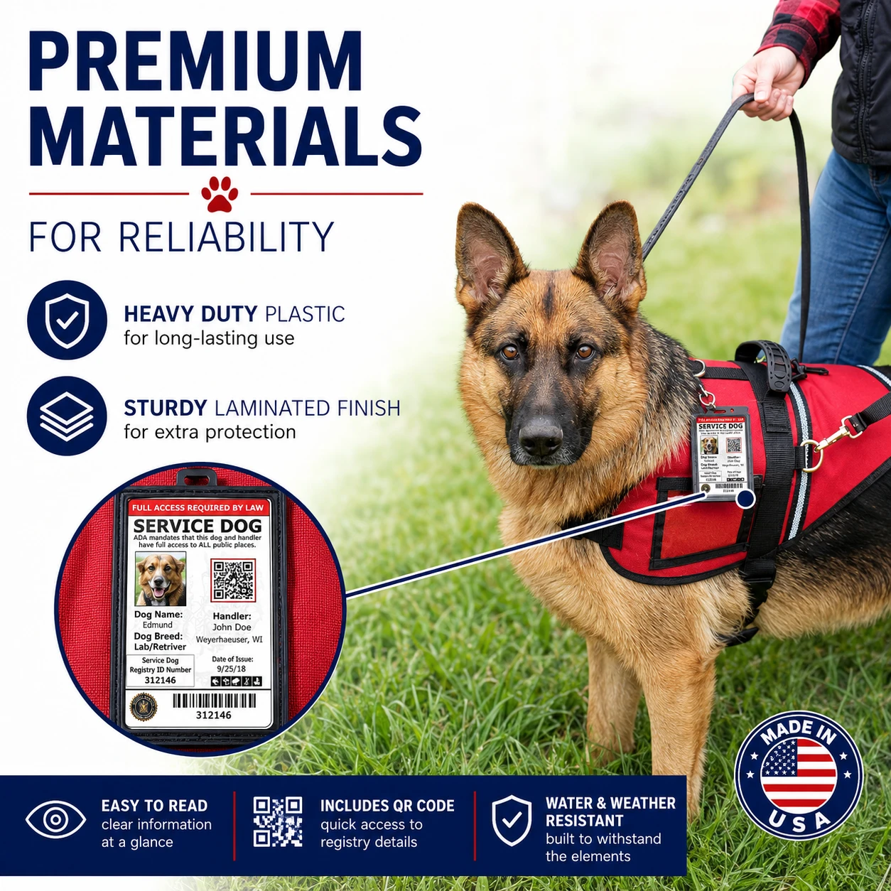 Service Dog ID card with photo and information