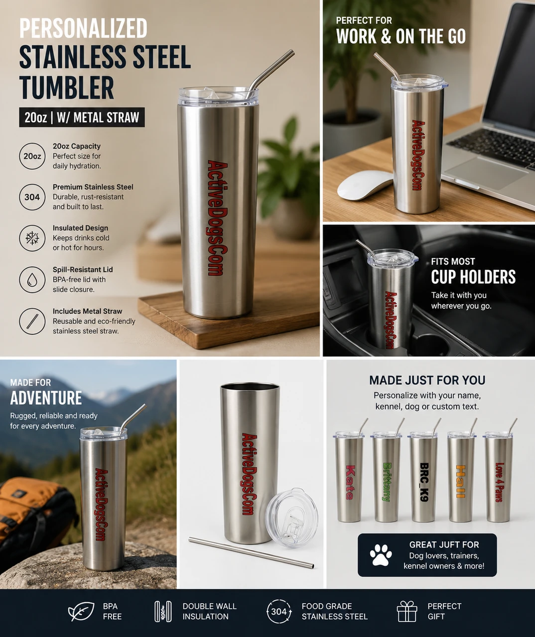 Personalized stainless steel tumbler with ActiveDogs logo