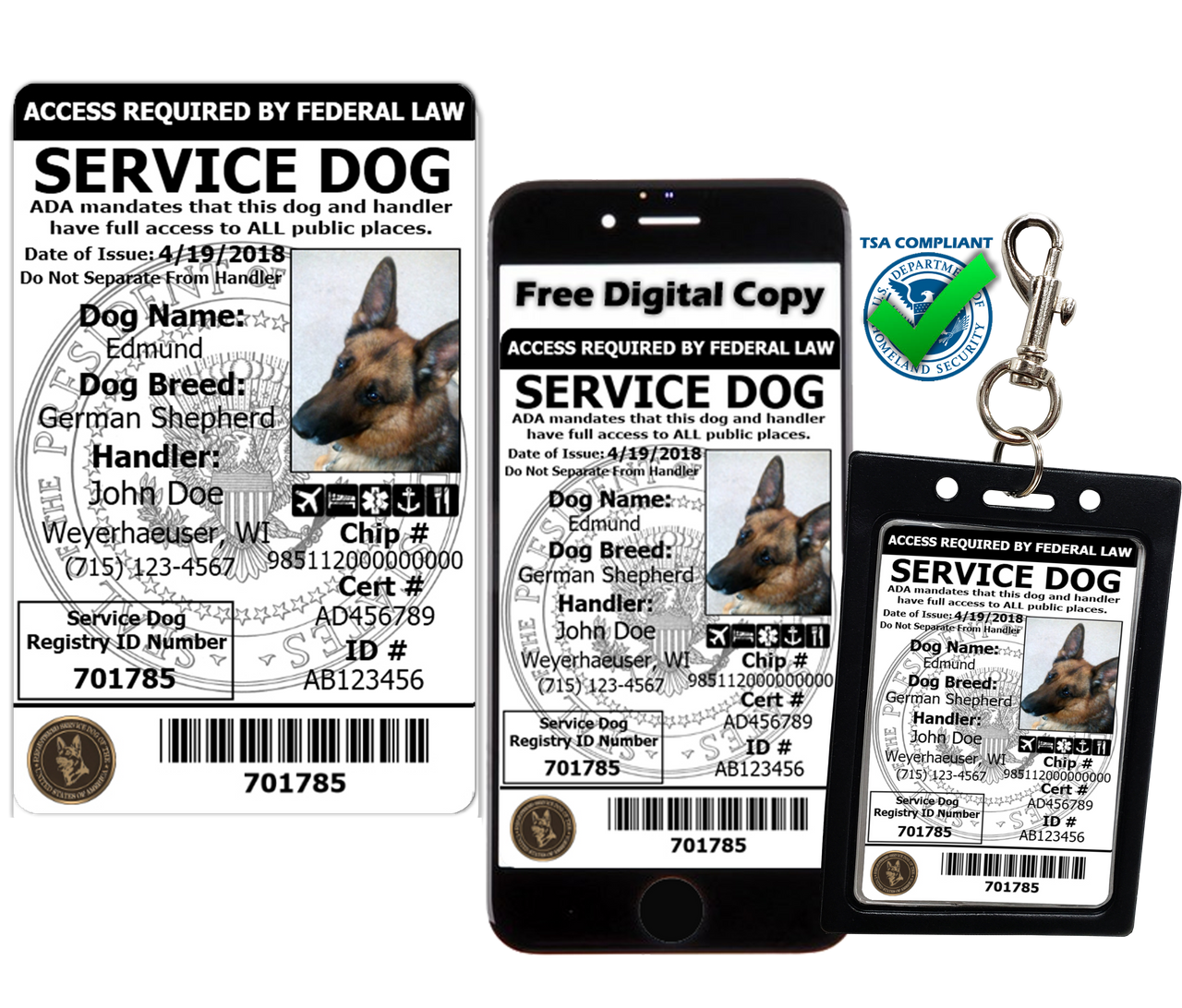 Registered service dog ID card with clip-on ID carrier