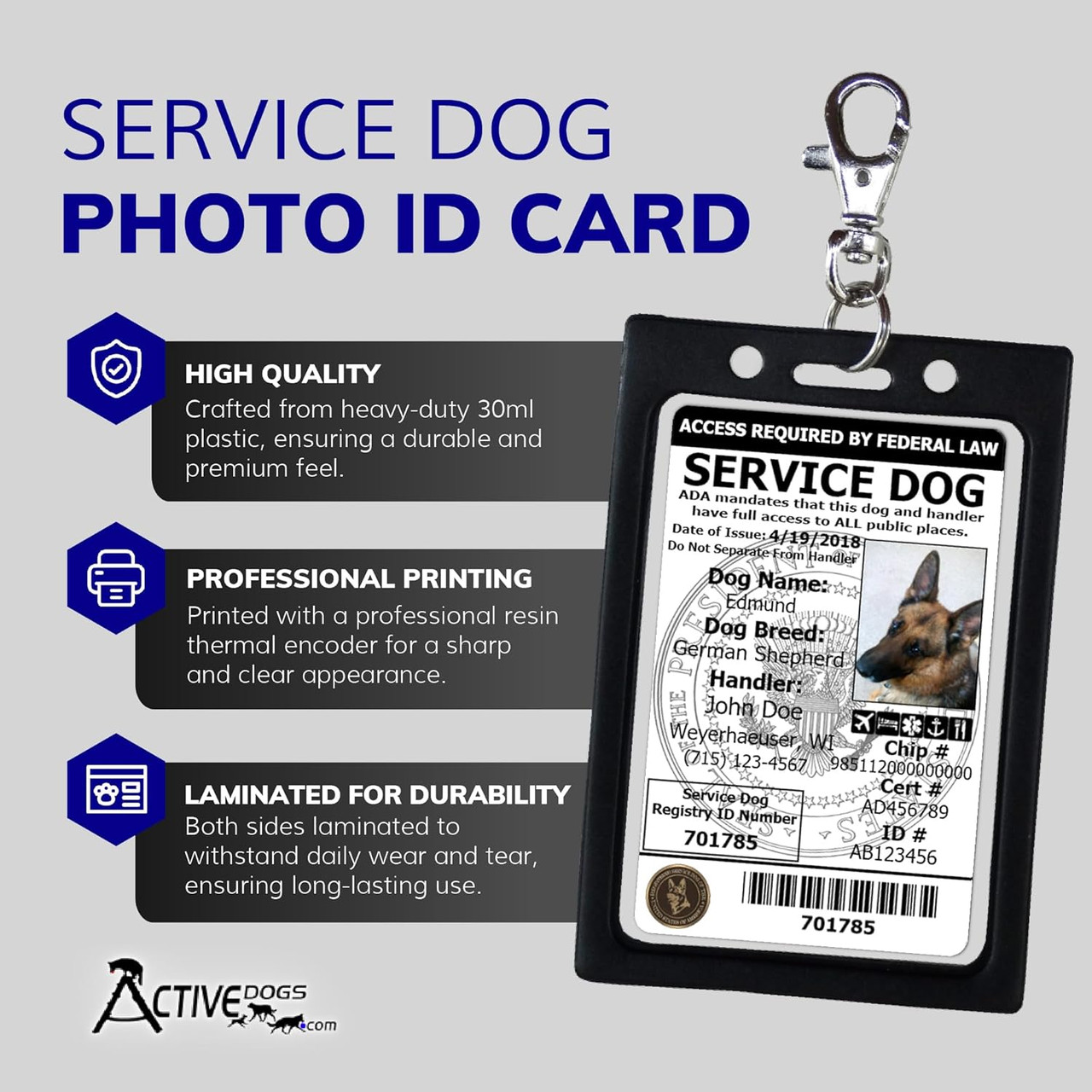 Custom printed service dog ID card with free digital copy