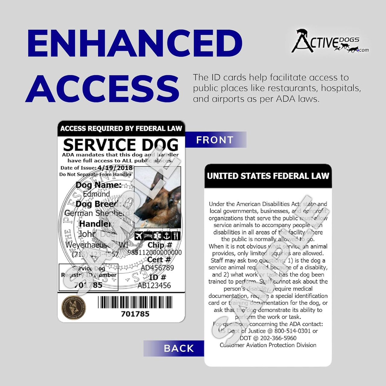Heavy-duty plastic service dog ID card with custom information