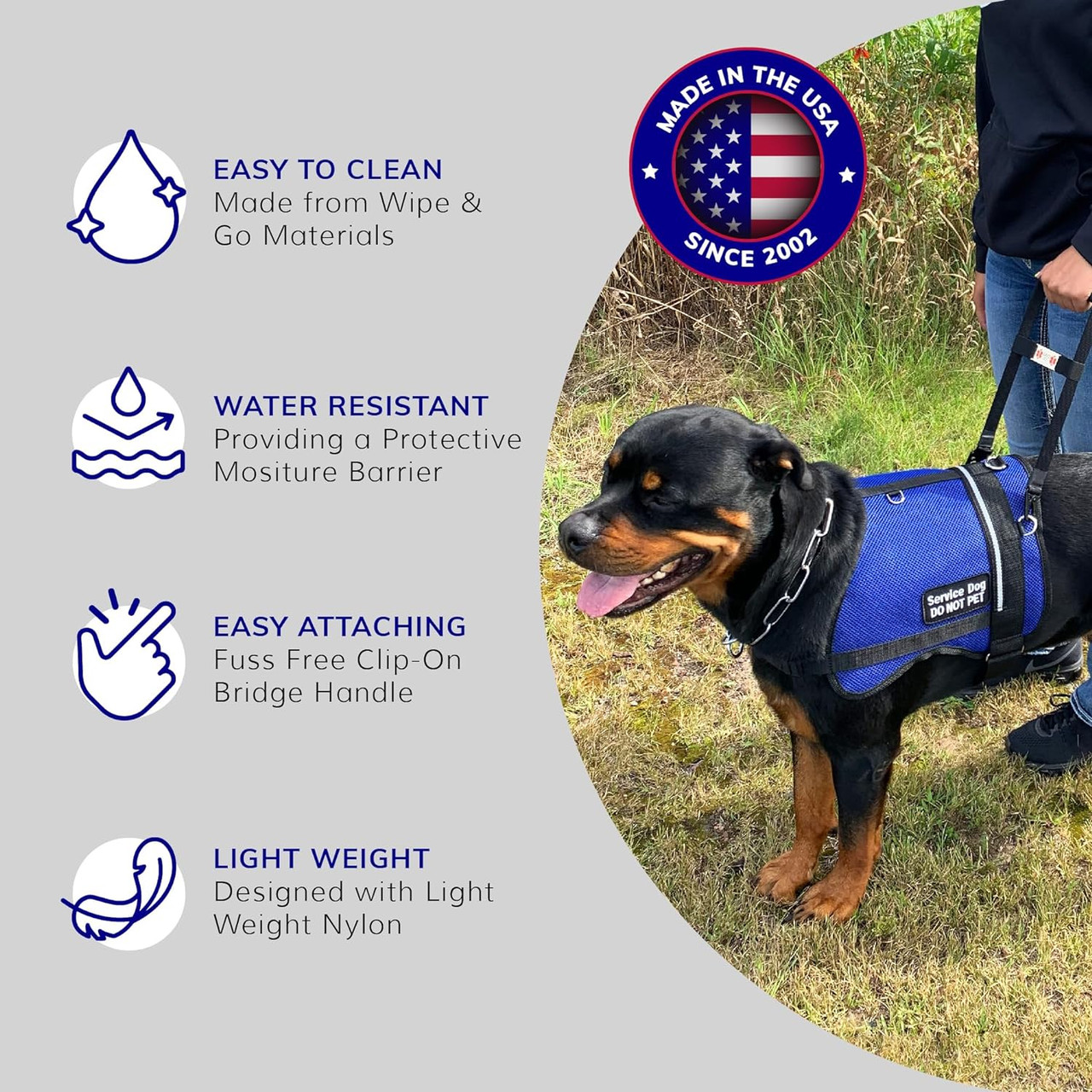 Clip-on service dog bridge handle compatible with dual D-ring vests