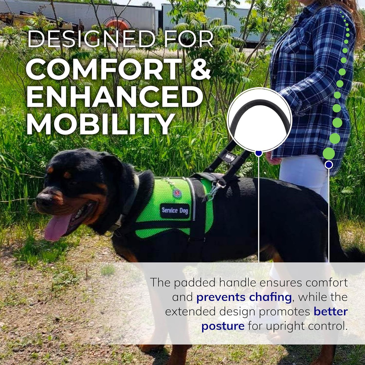 Active Dogs nylon bridge handle attached to a service dog harness on a German Shepherd in a park.