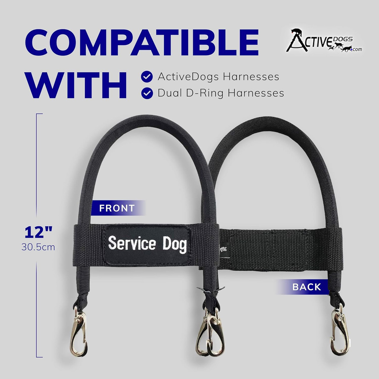 German Shepherd service dog wearing a red service harness with a 12-inch nylon bridge handle.