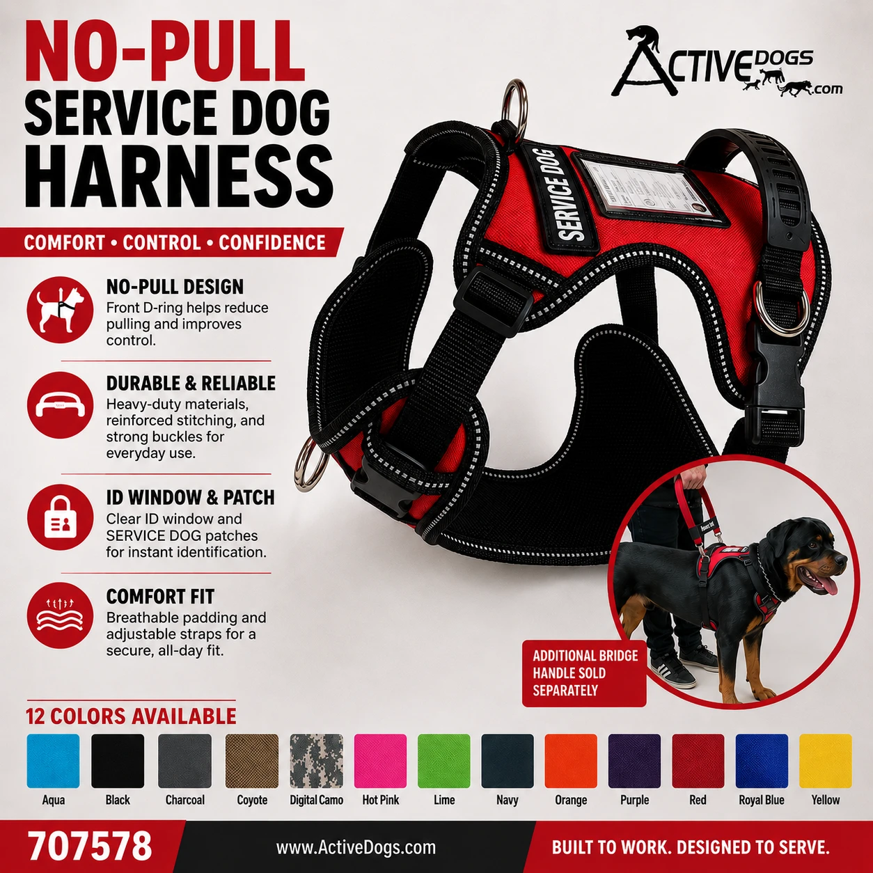 ActiveDogs service dog harness featuring a no-pull design, breathable padding, reflective trim, and multiple attachment points.