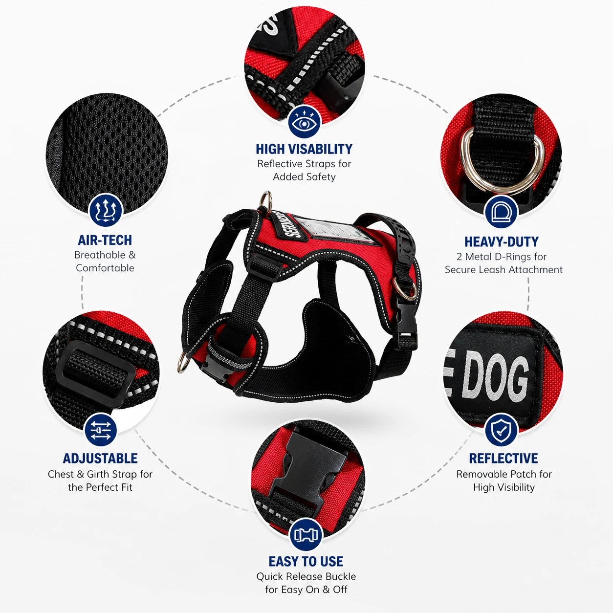 ActiveDogs red service dog harness with integrated handle, ID card holder, identification patch, and adjustable fit.