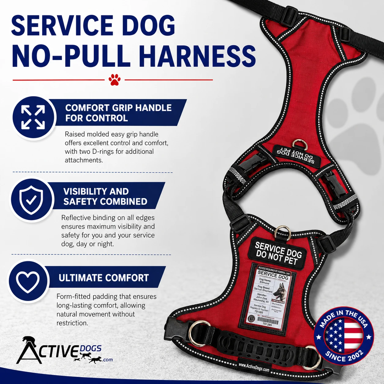 Working dog wearing an ActiveDogs padded service dog harness with adjustable straps and multiple D-ring attachment points.