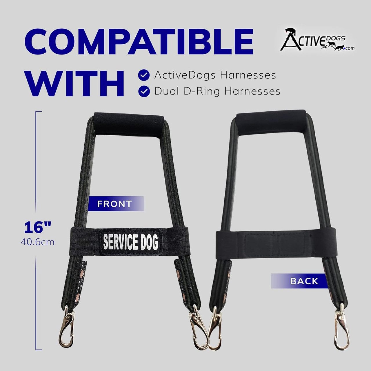 Snap-on leather bridge handle compatible with dual D-ring service dog vests