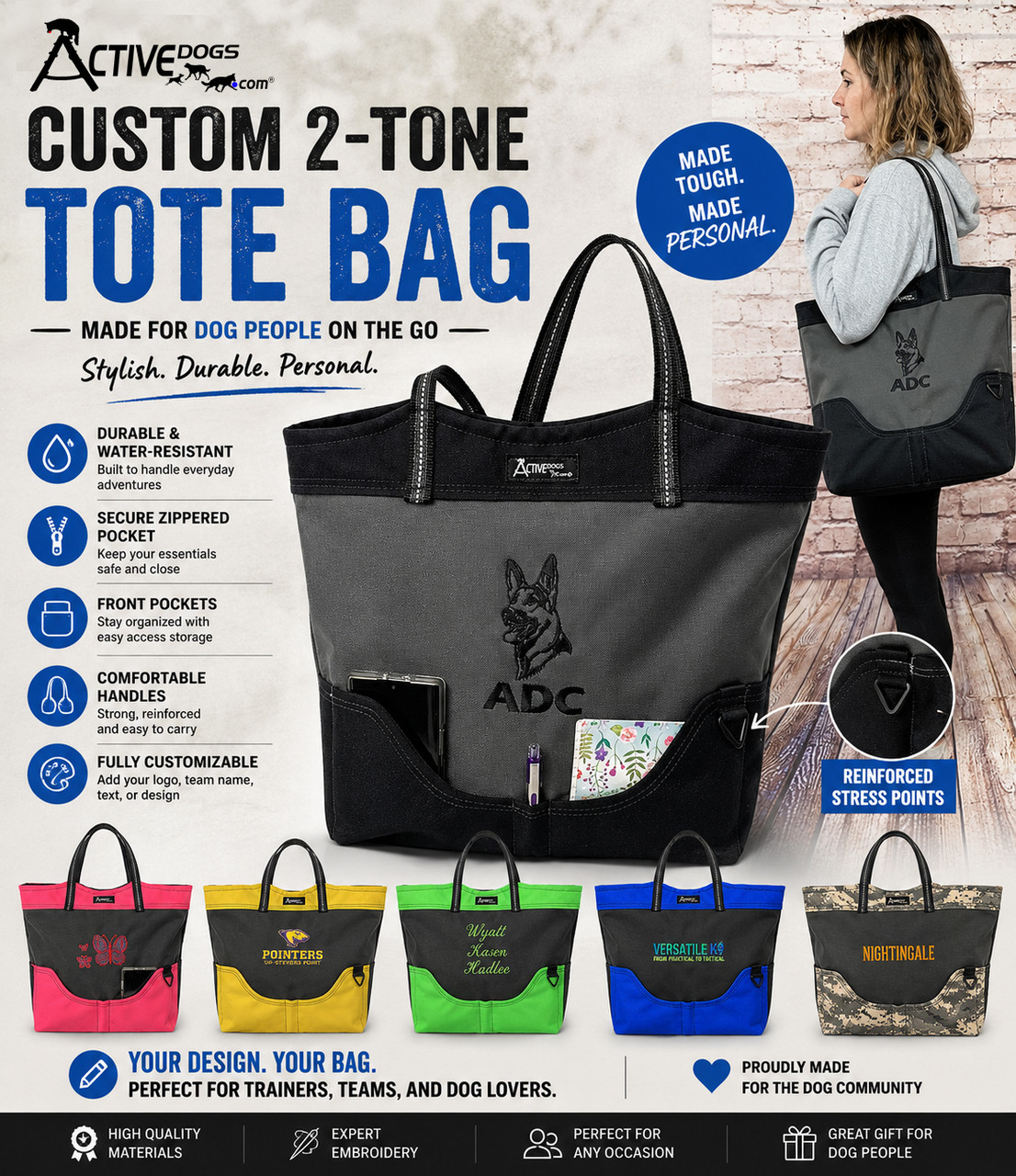 Custom Graphic Logo/Text 2-Tone Tote Bag