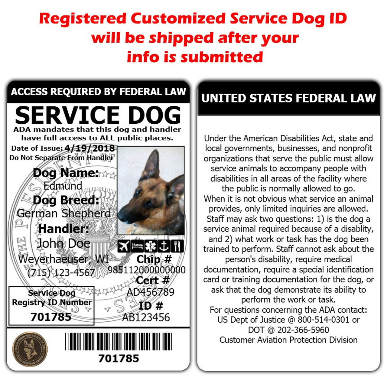 2pk Service Dog Photo ID Card + 2 Carriers + Free Registration + Digital Copy for Airline Travel