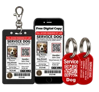Red and black padded service dog harness with identification and handler accessories