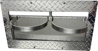 Top angled view of aluminum double kennel feeding station with removable stainless steel buckets