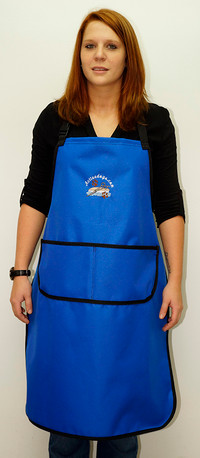 Blue waterproof dog grooming apron with custom text