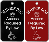 Red service dog ID tag with white lettering