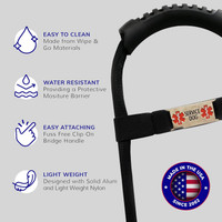 Clip-on service dog bridge handle compatible with dual D-ring harnesses and vests