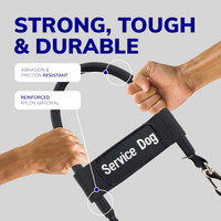 Handler using a removable nylon bridge handle to guide a trained service dog on a park pathway.