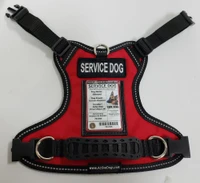 No-pull service dog harness with front D-ring, durable buckles, reflective edging, and breathable black mesh padding.