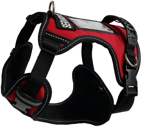 Red and black ActiveDogs no-pull service dog harness with adjustable straps, padded panels, D-rings, and ID holder.
