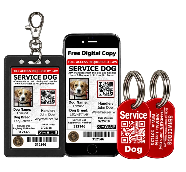 Service dog ID kit with digital ID, badge holder, and red aluminum tag