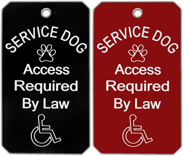 Red service dog ID tag with white lettering