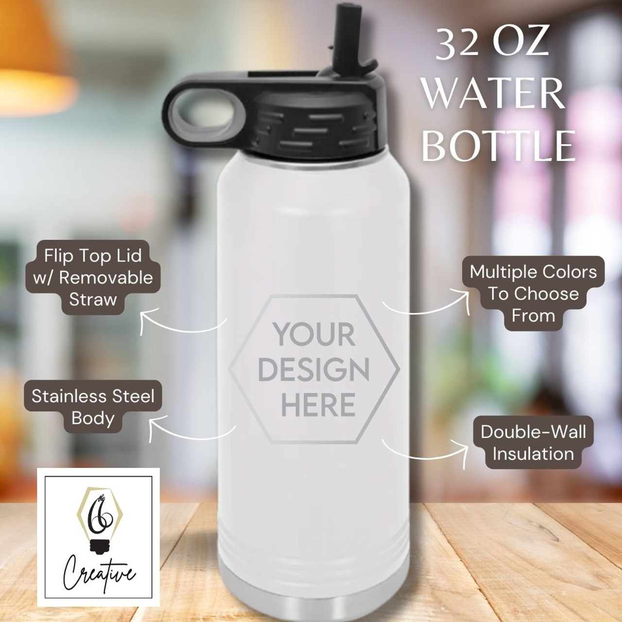 Personalized Water Bottle, Lid and Straw, 32oz, Custom Water