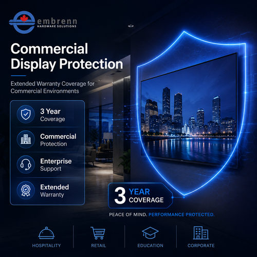 Premium product image for Embrenn Extended Commercial Display Warranty showing a protected commercial TV display with enterprise warranty coverage branding, blue security shield effects, and modern commercial environment styling.