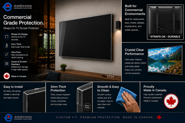 Commercial-grade 75 inch TV screen protector for hospitality and public environments featuring straps-on mounting system, impact protection, UV protection, and ultra-clear commercial display visibility.