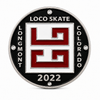 Close-up of the front of a 2022 LoCo Skate Shop $5 metal gift coin on a white background, featuring a red and white LoCo Skate design, Longmont Colorado text, black enamel, and raised silver metal details.