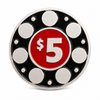 Close-up of the front of a 2022 LoCo Skate Shop $5 metal gift coin on a white background, featuring a red and white LoCo Skate design, Longmont Colorado text, black enamel, and raised silver metal details.
