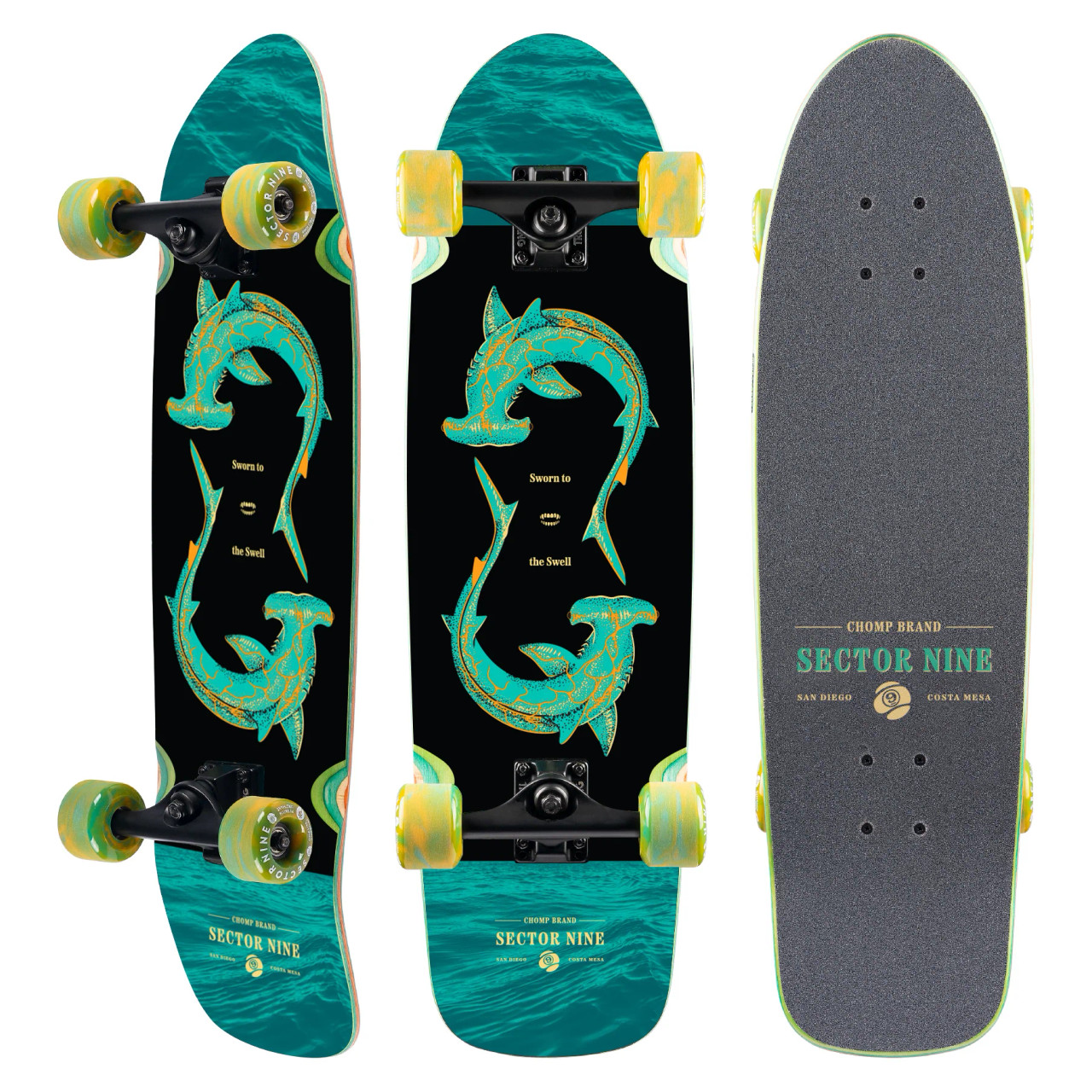 Sector 9 longboard complete, Chop Hop Hammer longboard, Sector 9 cruiser longboard, hammer shape longboard, downhill longboard complete, carving longboard, freeride longboard, drop-through longboard, smooth riding longboard, ready to ride longboard, Sector 9 graphics