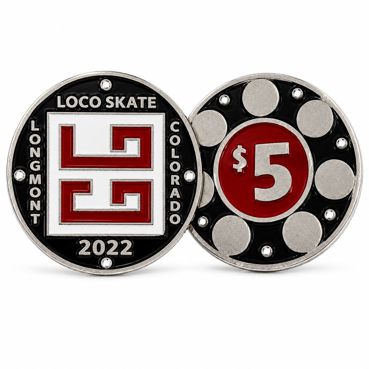 Close-up of the front of a 2022 LoCo Skate Shop $5 metal gift coin on a white background, featuring a red and white LoCo Skate design, Longmont Colorado text, black enamel, and raised silver metal details.