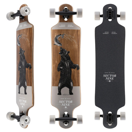 Sector 9 longboard complete, Meridian Grizzly longboard, Sector 9 Meridian longboard, cruiser longboard complete, carving longboard, cruising longboard, freeride longboard, smooth riding longboard, stable longboard complete, beginner friendly longboard, ready to ride longboard, Sector 9 Grizzly graphic