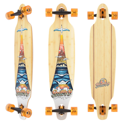 Sector 9 longboard complete, Lookout Take Off longboard, Sector 9 Lookout longboard, cruiser longboard complete, carving longboard, pintail longboard, cruising longboard, smooth riding longboard, beginner friendly longboard, ready to ride longboard, Sector 9 Take Off graphic
