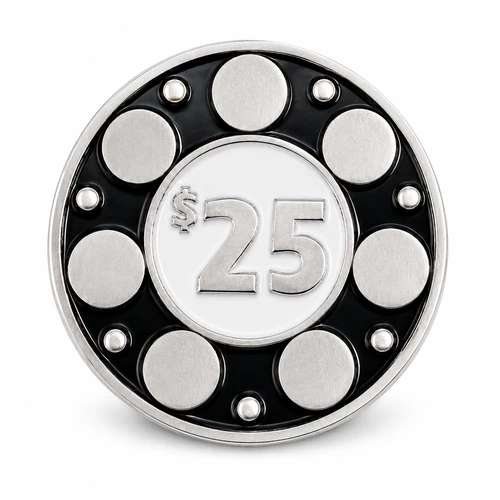 Close-up of a LoCo Skate Shop $25 metal gift coin on a white background, featuring the LoCo Skate Shop logo, mountain-style lettering, Longmont Colorado text, and silver, black, white, and blue enamel details.