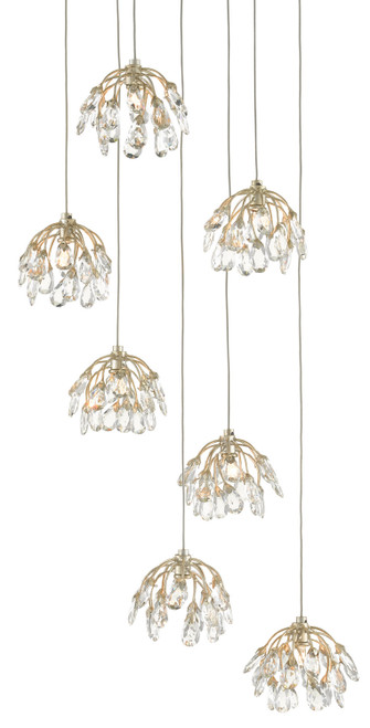 Currey and Company - 9000-0669 - Seven Light Pendant - Crystal Bud - Clear/Contemporary Silver Leaf/Silver