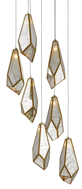 Currey and Company - 9000-0704 - Seven Light Pendant - Glace - Raj Mirror/Antique Brass/Silver