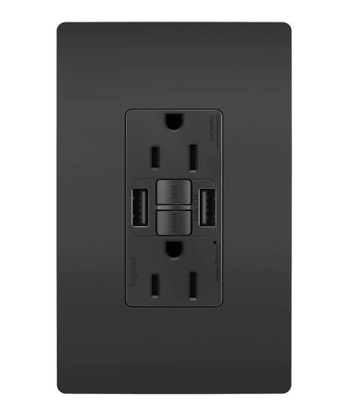Legrand - 1597TRUSBAABK - Tamper-Resistant 15A Duplex Self-Test GFCI Receptacles with SafeLock Protection USB Type A/A - radiant - Black