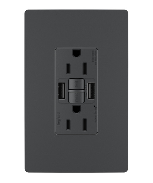 Legrand - 1597TRUSBAAGC4 - Tamper-Resistant 15A Duplex Self-Test GFCI Receptacles with SafeLock Protection USB Type A/A C4 - radiant - Graphite