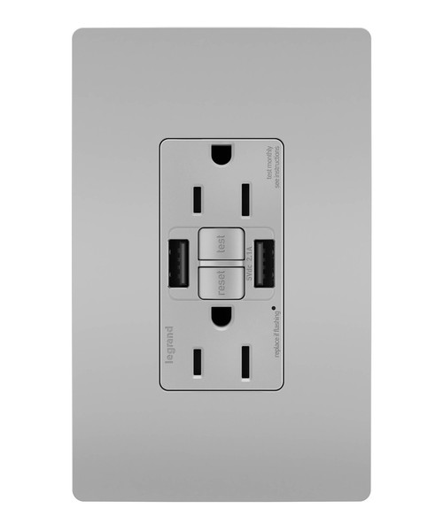 Legrand - 1597TRUSBAAGRY - Tamper-Resistant 15A Duplex Self-Test GFCI Receptacles with SafeLock Protection USB Type A/A - radiant - Gray