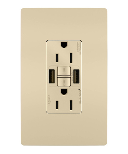Legrand - 1597TRUSBAAI - Tamper-Resistant 15A Duplex Self-Test GFCI Receptacles with SafeLock Protection USB Type A/A - radiant - Ivory