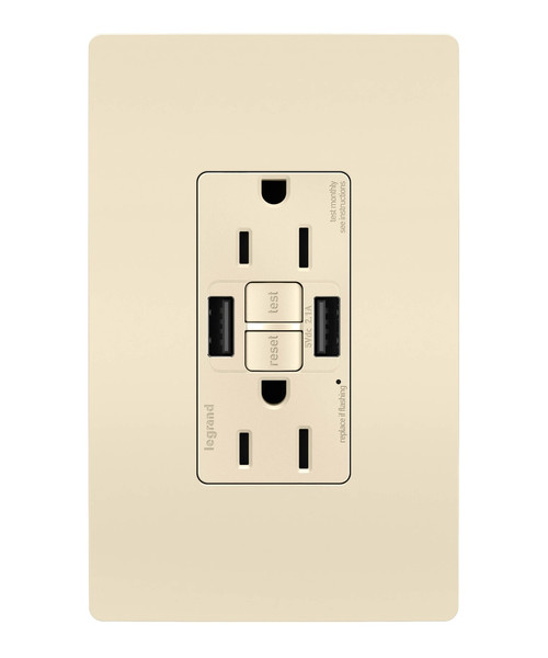 Legrand - 1597TRUSBAALA - Tamper-Resistant 15A Duplex Self-Test GFCI Receptacles with SafeLock Protection USB Type A/A - radiant - Light Almond
