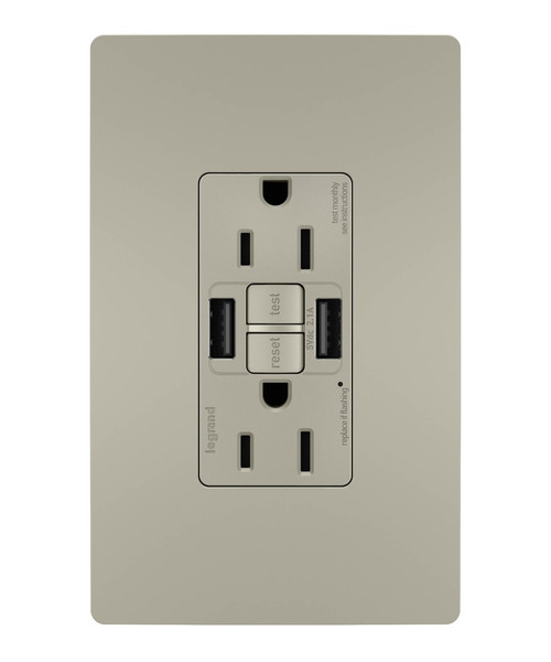 Legrand - 1597TRUSBAANIC4 - Tamper-Resistant 15A Duplex Self-Test GFCI Receptacles with SafeLock Protection USB Type A/A C4 - radiant - Nickel