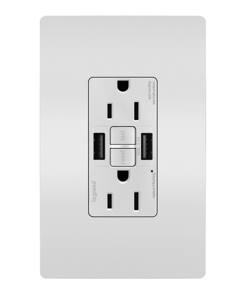 Legrand - 1597TRUSBAAW - Tamper-Resistant 15A Duplex Self-Test GFCI Receptacles with SafeLock Protection USB Type A/A - radiant - White