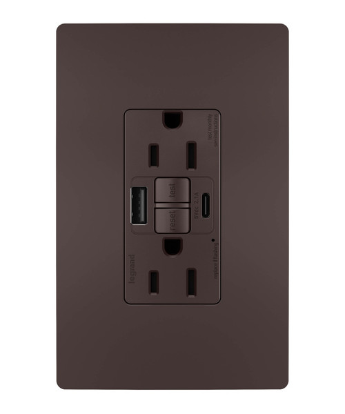 Legrand - 1597TRUSBACDBC4 - Tamper-Resistant 15A Duplex Self-Test GFCI Receptacles with SafeLock Protection USB Type A/C - radiant - Dark Bronze